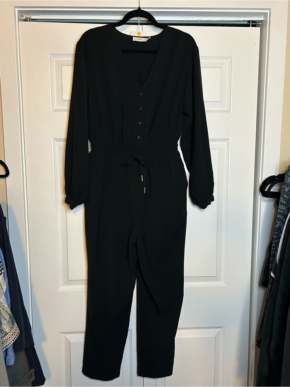 Excellent Condition Lush Black V-Neck Long Sleeve Drawstring Jumpsuit